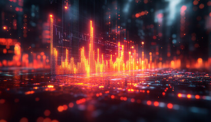 Obraz premium Sleek stock market graph with colorful bars and lines, set against an abstract dark background. 