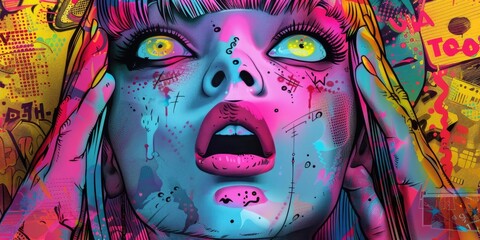 A colorful, abstract portrait of a woman screaming.