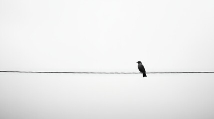 Minimalist Black-and-White Silhouette of a Solitary Bird on a Wire, Simple and Elegant Composition