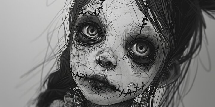 Black and white drawing of a stitched doll.