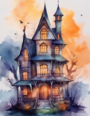 Iconic haunted house symbol of Halloween watercolor