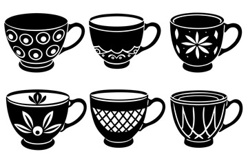 Hand Drawn Tea Cup Silhouette Set - Vector Line Art, Black Outline Illustrations