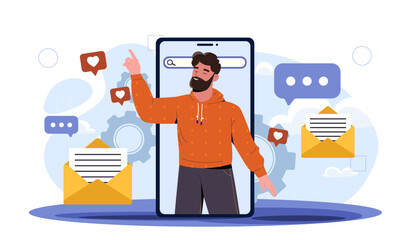 Speechwriting online concept. Man on smartphone screen near envelopes with letters. Copywriter, freelancer and remote worker. Creativity and art. Flat vector illustration isolated on white background