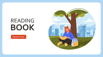 Student reading book poster. Woman with textbook sitting near tree. Love of reading and literature. Education and training outdoors. Landing webpage design. Flat vector illustration