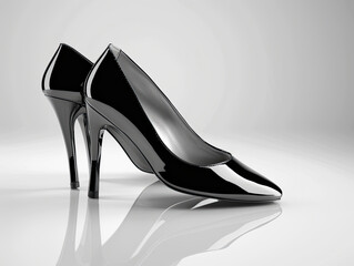 A pair of shiny black high heels on a white background