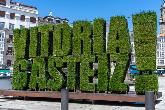 "Vitoria Gasteiz, Basque Country, Spain"; 07-24-2024: Vitoria Gasteiz plant sculpture touristic landmark sign.