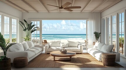 Fototapeta premium Modern beach house living area featuring coastal palette and cozy furnishings picture