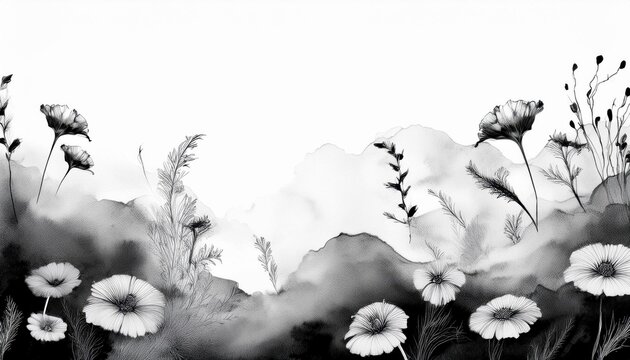 Floral background with copy space. watercolor effect with black and white. Generative iamge