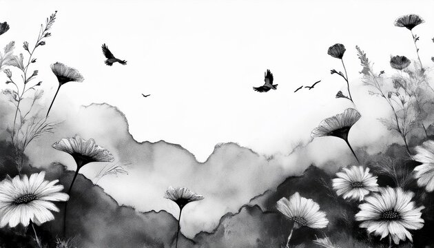 Floral background with copy space. watercolor effect with black and white. Generative iamge