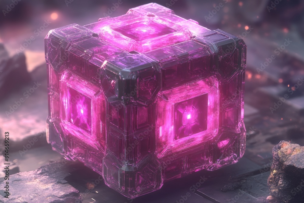 Aufkleber glowing purple cube with intricate details set against a cybernetic backdrop emphasizing technologic