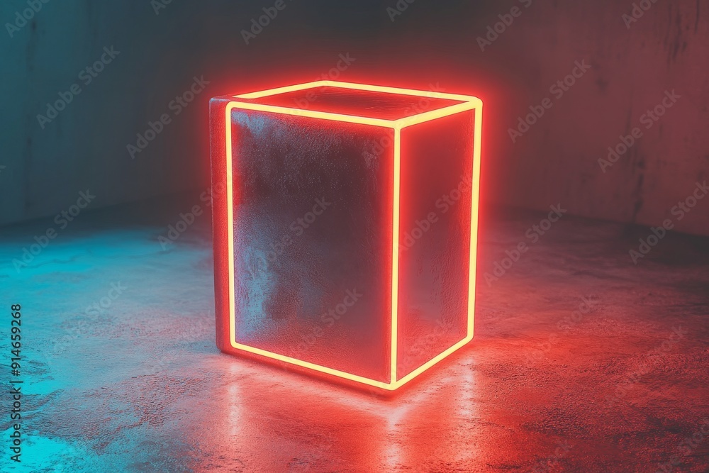 Aufkleber neon red cube glowing in a foggy urban setting symbolizing innovative technology and futuristic conc