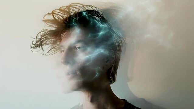 A young caucasian man is seen in a blurred motion portrait, showcasing artistic movement. The lighting suggests an indoor setting with a neutral mood and casual attire. The motion blurs image's focus