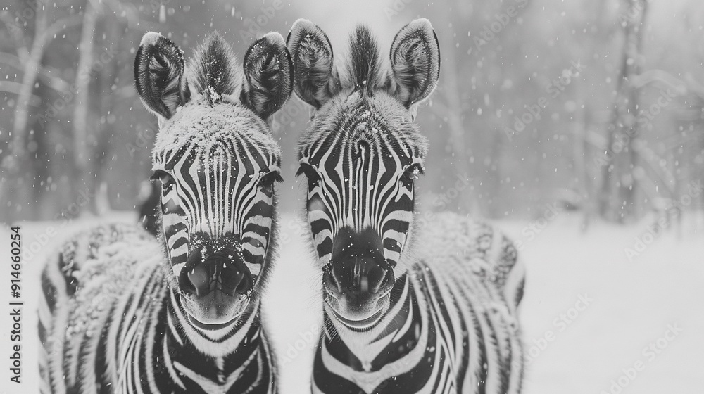 Sticker   A pair of zebras frolicking in the snowfield beside tree lines