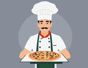 Cartoon chief cook with a pizza