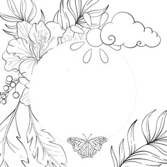 Vector circle frame Hibiskus bouquet with palm leaves, sun, clouds, butterfly. Tropical botanic illustration. Summer exotic, elegant flora. Black silhouette for circuit © Yekaterina Kashutina