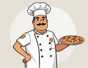 Cartoon chief cook with a pizza