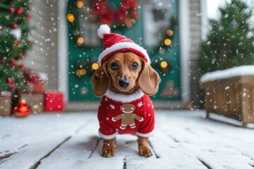 Dachshund in Santa Costume Standing on Snowy Porch with Christmas Theme Background