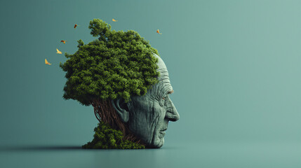 An elderly man’s profile merges creatively with a tree, representing the harmony between nature and human wisdom