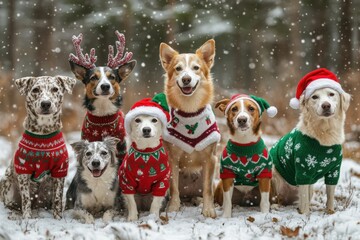 Group of Dogs in Christmas Sweaters and Santa Hats Posing in Snowy Forest