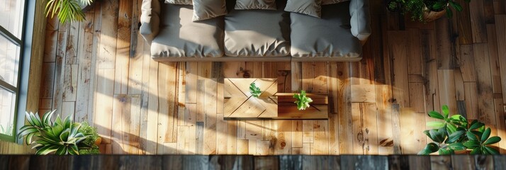 Above view of cozy sofa and little table on wooden floor in spacious living area