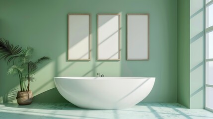Fototapeta premium Contemporary tub and empty frames beside green wall