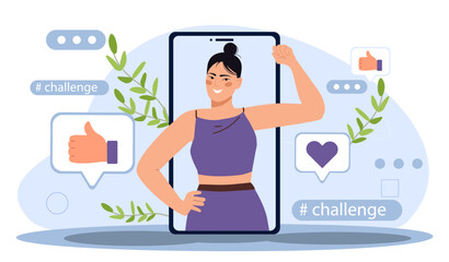 Woman with viral challenge. Girl in sportswear stands in front of camera. Popular video blogger and content creator. Promotion on social networks. Flat vector illustration isolated on white background