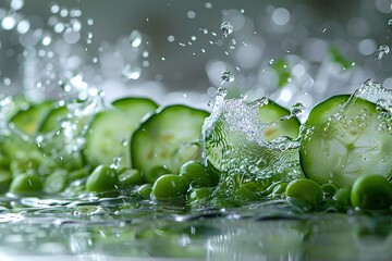   A group of cucumbers on a table, with water droplets on both top and bottom