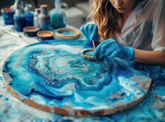 Artist Creating a Blue Abstract Resin Art