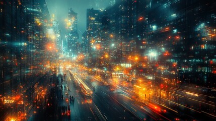 Obraz premium Innovative city skyline at night with an abstract futuristic design wallpaper