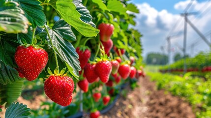 Obraz premium A strawberry field surrounded by green vegetation and a wind turbine in the distance