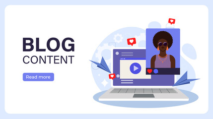 Blog content poster. Laptop with photo of popular blogger. Promotion in social networks and messengers. Advertising and marketing. Flat vector illustration isolated on white background