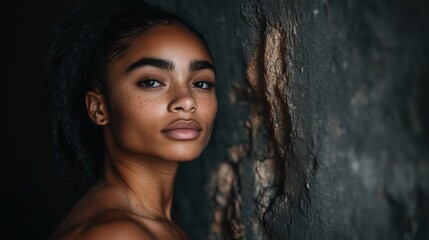 Fototapeta premium Portrait of a young African American woman with freckles, leaning against a textured wall in a dimly lit setting