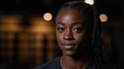Obraz premium Portrait of a young African American female athlete with braids, smiling confidently under soft lighting in a gym setting