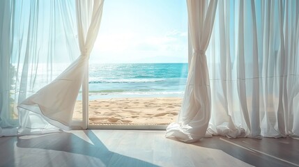   An image showing an open window offering a view of the ocean and a sandy beach, framed by white curtained window with white drapes