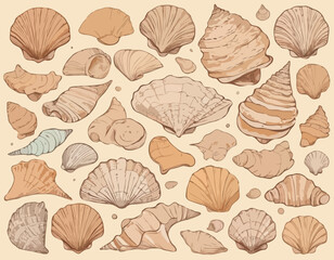 Seashell sea vector isolated hand drawing sketch beige 
