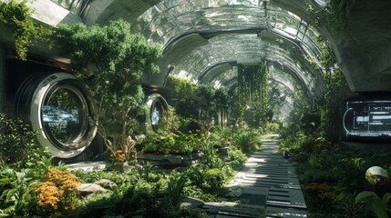 enhance the different aspect, introduce elements like futuristic technology seamlessly integrated into nature, such as transparent solar panels on the plants or digital screens disguised as garden
