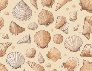 Seashell sea vector isolated hand drawing sketch beige 
