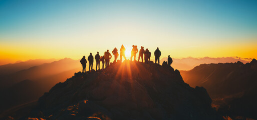 Stunning Sunrise Over Mountain Peak With Group of Adventurous Hikers at Dawn