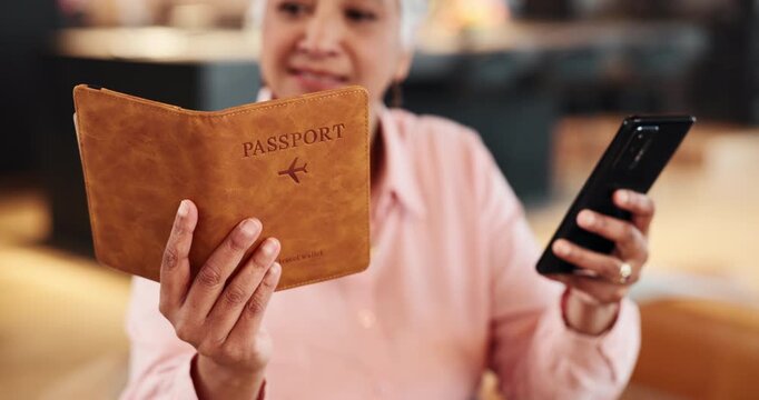 Mature, hands and woman with passport or smartphone in home for online shopping, visa application and digital purchase for vacation. Travel booking, person and technology for accommodation and trip.