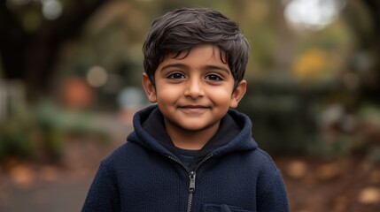Smiling young boy with dark hair wearing a navy blue sweater, standing outdoors on a cloudy day.
