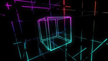 Cube and neon lines in 3d space