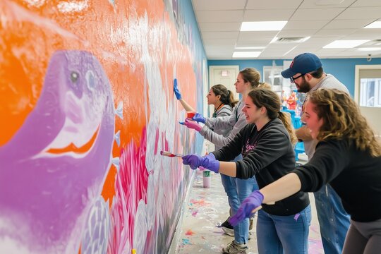 Community Volunteers Engaged in Mural Painting at Local Community Center During Daylight Hours