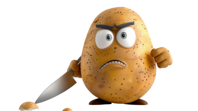 Potato angry with knife on transparent background