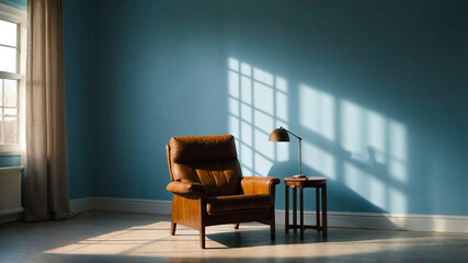 interior with brown chair blue background and lamp