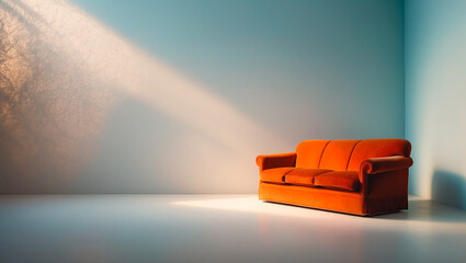 orange couch against a blue background