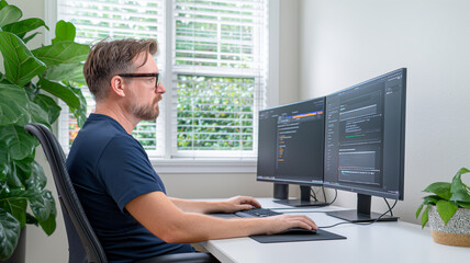 A man working on two computer monitors at a home office desk, reviewing and writing code. Green plants and large window in the background.