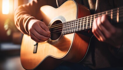 Fototapeta premium A closeup view of the hands of a guitarist playing a guitar; selective focus; blurred background