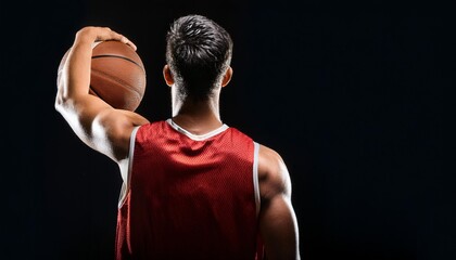 The back view of a muscular basketball player wearing a red jersey; black background; sports photography