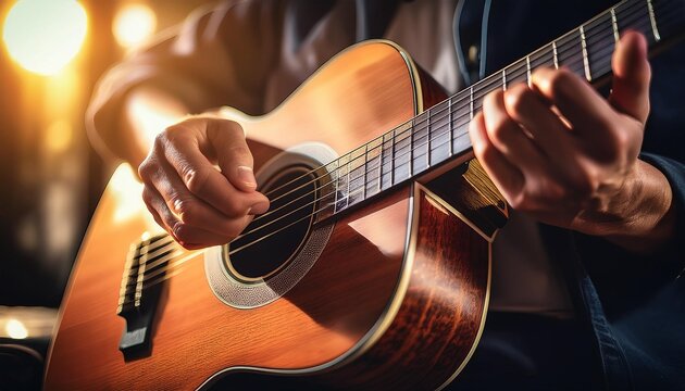 A closeup view of a guitarist playing an acoustic guitar; focused view of the guitar and hands; sunlight illuminating from the left side; musician playing a guitar