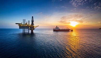 An oil and gas drilling platform in the ocean; oil tanker ship in the ocean next to the oil rig platform; oil and gas industry